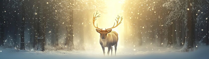 Aufkleber - A majestic deer stands in a snow-covered forest, illuminated by soft golden light, creating a serene winter atmosphere.