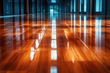 A polished wooden floor reflecting light in a modern corridor.