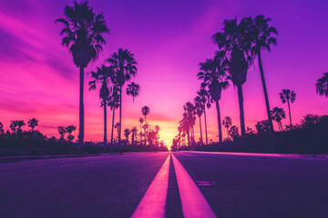 A vibrant sunset illuminates a road lined with tall palm trees casting purple and pink hues across the sky creating a tropical ambiance