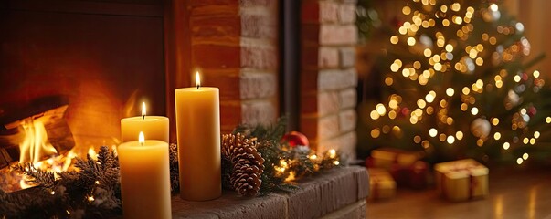 Poster - Warm candles illuminate a cozy holiday scene, featuring a festive Christmas tree and a glowing fireplace, perfect for winter ambiance.