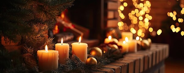 Aufkleber - Warm and inviting Christmas scene featuring candles, decorations, and festive lights creating a cozy ambiance.