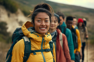 group of friends hiking on a mountain trail