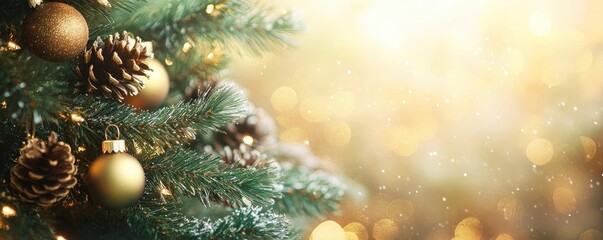 Poster - Beautiful Christmas tree adorned with sparkling ornaments, pine cones, and warm golden lights creating a festive atmosphere.