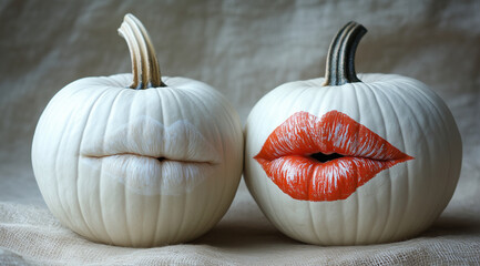 Two pumpkins with lips painted on them, in a white color, Decorations for Halloween Day