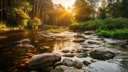 forest_river_with_stones_on_shores_at_sunsett