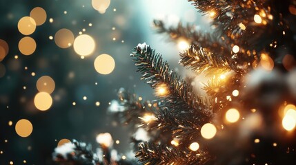 Poster - Close-up view of a Christmas tree with sparkling lights and soft snowflakes, creating a festive and warm holiday atmosphere.