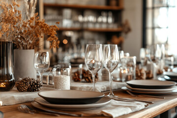 Autumn table setting featuring pumpkins, dried flowers, and neutral toned dinnerware