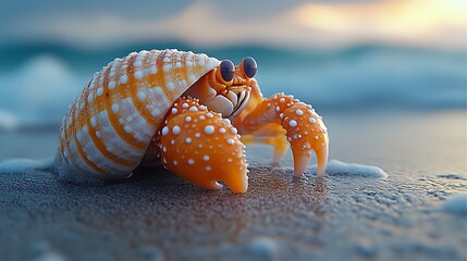 Sticker - A small orange hermit crab with big eyes in a white shell on the sandy beach.