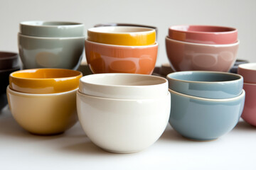 Minimalist ceramic bowls in soft pastel colors and neutral tones