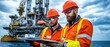 © SoGood - Two offshore engineers in safety gear review documents on an oil rig platform with the ocean in the background under a cloudy sky.
