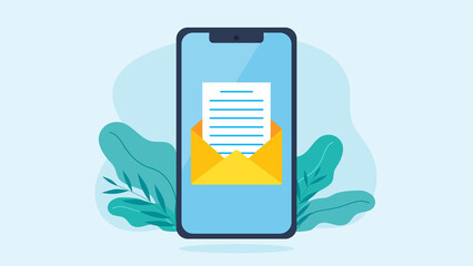 Leinwandbilder - Illustration in flat design style. On the phone screen there is an open email envelope with a document. Modern phone. Behind the phone in the background are plants. 
