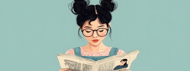 A cute girl with glasses is reading, in a flat illustration style with simple strokes, a cartoon character design on a simple background with simple lines and shapes