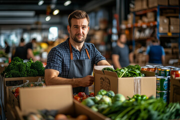 Photo of a man in an apron working at the warehouse. On his hands, he is packaging products into boxes with organic food and vegetables. In front, there are several cardboard boxes