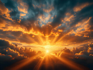 Wall Mural - Realistic Photo - Spectacular Sunset with Golden Rays and Clouds