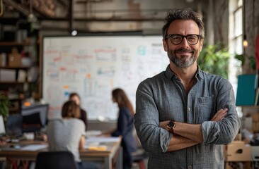 Poster - Confident man in casual attire stands with arms crossed in a modern creative workspace with a team collaborating in the background