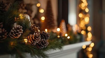 Poster - A beautifully arranged holiday mantel with pinecones, greenery, and warm fairy lights creating a cozy festive atmosphere.