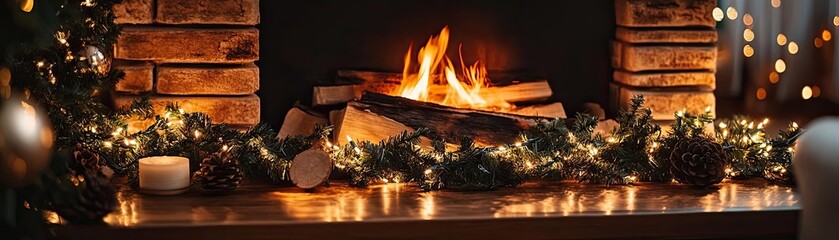Poster - A cozy fireplace adorned with festive decorations, glowing with warm light, perfect for creating a holiday atmosphere.