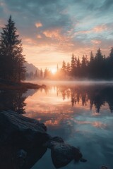 Wall Mural - Sunset over a calm lake