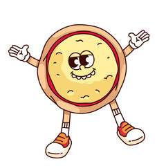 Canvas Print - Groovy happy pizza cartoon character with open arms. Funny retro whole excited pizza with funky smile create good vibes. Fast food party mascot, cartoon sticker of 70s 80s style vector illustration