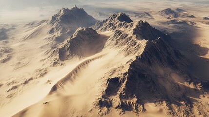 Canvas Print - Aerial View of Sand Dunes and Rugged Mountains in a Desert Landscape 