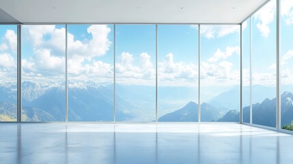 Poster - empty room with panoramic view of the mountains and blue sky 