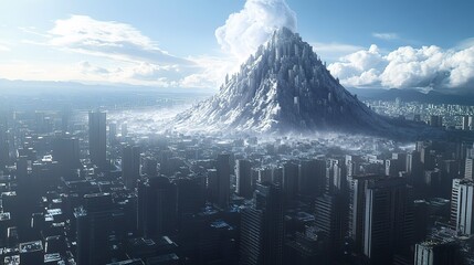 Canvas Print - An ultramodern, supernatural scene, a colossal mountain of debt looms over a city