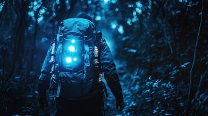 A night forest scene with an illuminated hiking backpack, its LED lights shining brightly, guiding the way through the dense, dark woods.