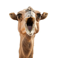 Camel opening its mouth wide, with its tongue out on a white background