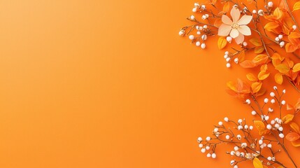 Orange Background with White Flowers and Autumn Leaves