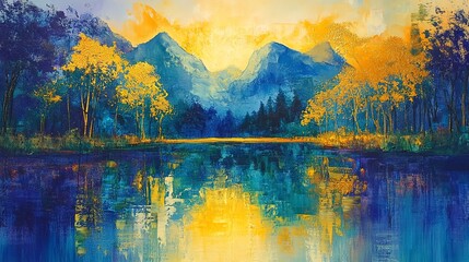 Wall Mural - Mountain Reflections: Abstract Acrylic Oil Painting with Gold Details of a Landscape, Trees, and Water 