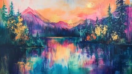 Canvas Print - Mountain Reflections: Abstract Acrylic Oil Painting with Gold Details of a Landscape, Trees, and Water 