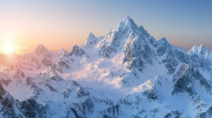 Poster - A majestic mountain range covered in snow, with a clear blue sky and the sun rising behind the peaks, more clarity with clear light and sharp focus, high detailed3e