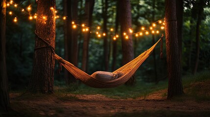 Wall Mural - A peaceful scene with a hammock illuminated by fairy lights hanging among forest trees at dusk