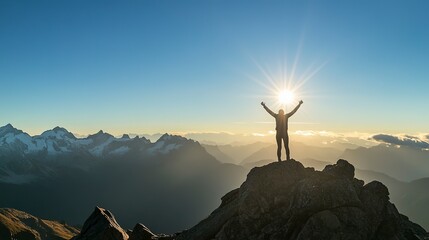 Sticker - A silhouette of a person celebrating on a mountain peak with the sun shining bright over distant mountains. 