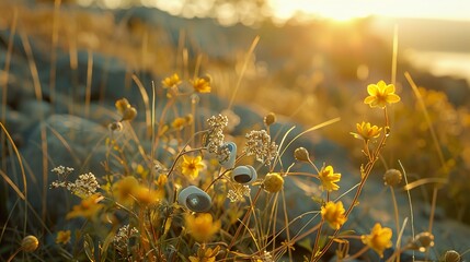 Wall Mural - Golden Hour Wildflowers: A Serene Sunset Landscape