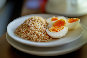 Rice and two eggs on a white plate.