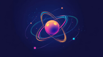 Atom diagram with nucleus, protons, neutrons, electrons on dark blue. Particle and wave concept in cartoon vector style.