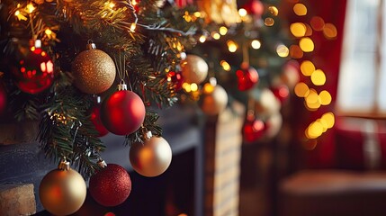 Poster - Festive holiday decor with shimmering ornaments and lights, creating a warm and cozy atmosphere by the fireplace.