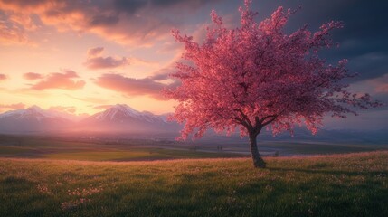 Wall Mural - A picturesque heart-shaped cherry blossom tree glows in the soft light of sunset, set against a meadow