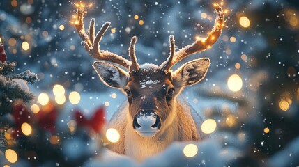 Poster - A majestic reindeer adorned with twinkling lights amidst a snowy winter scene, creating a magical holiday atmosphere.