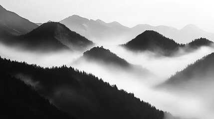 Poster - Misty mountain layers in black white