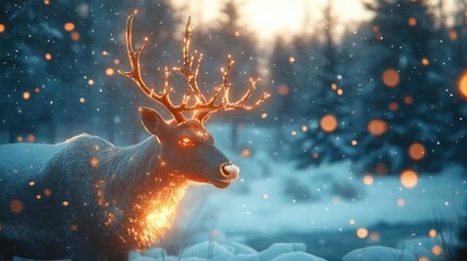 Poster - A mystical deer illuminated by soft light, standing in a snowy landscape with magical sparkles and a serene atmosphere.