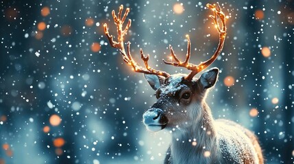 Poster - A serene winter scene featuring a majestic reindeer adorned with snowflakes under a mystical snowfall ambiance.