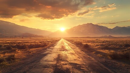 Canvas Print - Low angle view of a deserted old paved road leading towards distant mountains, bathed in the warm glow of a setting sun