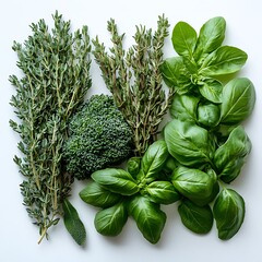 Wall Mural - Fresh herbs and vegetables arranged for culinary use.