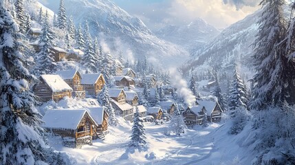 Wall Mural - Snowy Mountain Village with Traditional Houses and Snow-Covered Trees