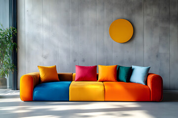 Sticker - Minimalist interior design of modern living room with colorful multicolored sofa against concrete wall.