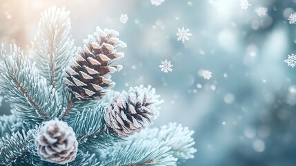 Poster - close up photo of frost covered pine tree branches with snowflakes and cones on winter background 