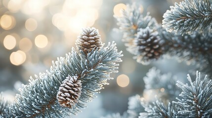 Canvas Print - close up photo of frost covered pine tree branches with snowflakes and cones on winter background 