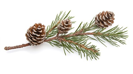 Sticker - Pine Branch. Close-Up Isolated Pine Twig with Cones on White Background 